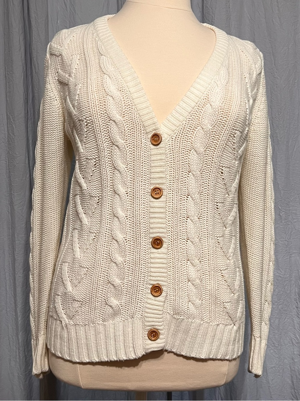 Vintage Bryant Park Cream Cable Knit Fisherman Cardigan Sweater Size 18 Aran